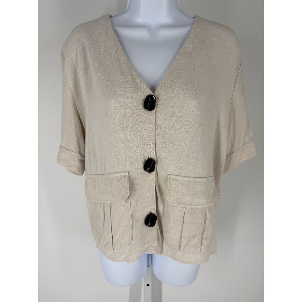 Topshop Neutral Beige Linen Blend Button Front Short Sleeve Top - Picture 2 of 4